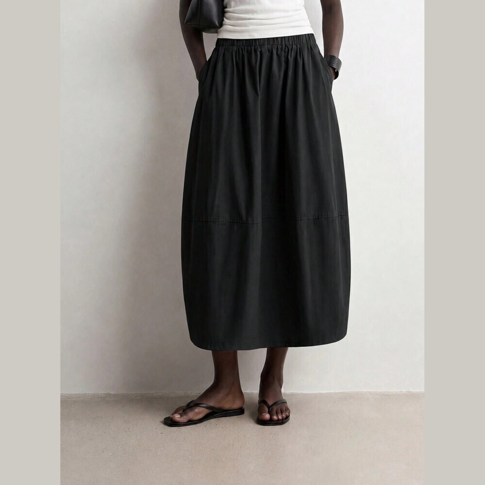 Black Cotton Poplin Maxi Skirt With Elastic Waist
